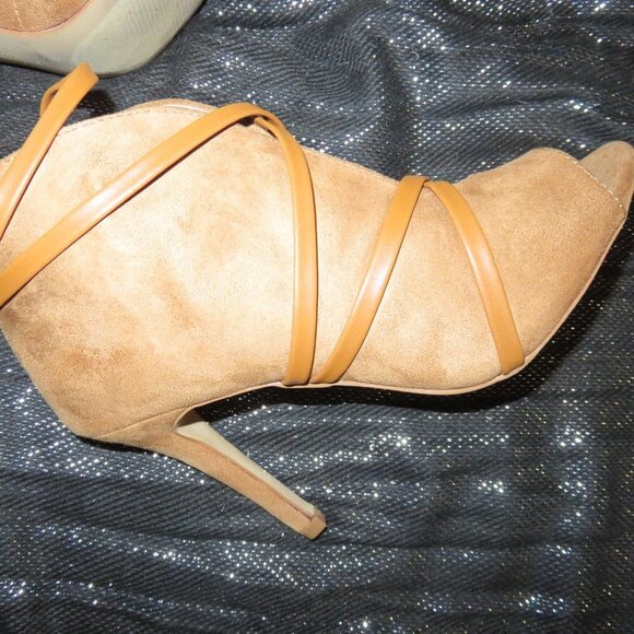 BOGO Tan Microsuede Faux Leather wrapped booties heels stilettos size 7.5 - Picture 6 of 15
